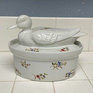 White Ceramic Duck Covered Dish with Floral Accents